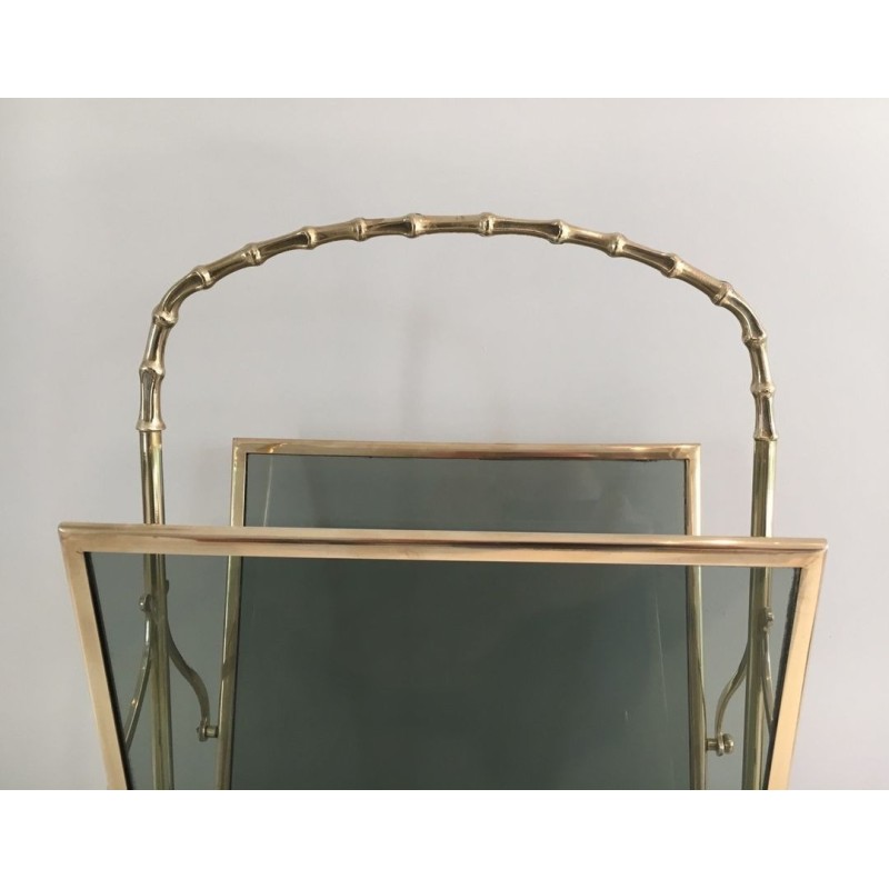Paire Porte-Revues Faux-Bambou Bronze Verre Bleu, Maison Baguès, v. 1940
