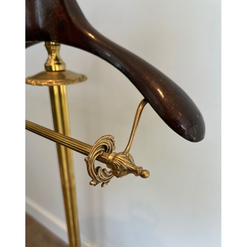 Neoclassical Valet Stand in Brass and Wood on Casters, French, c. 1940