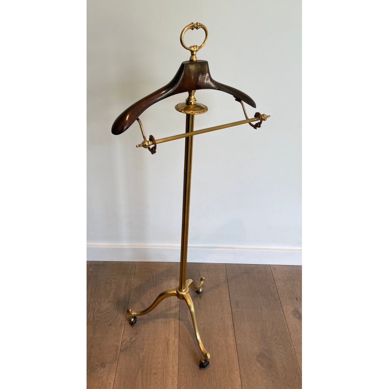 Neoclassical Valet Stand in Brass and Wood on Casters, French, c. 1940