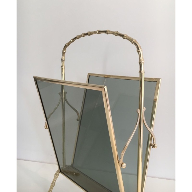 Paire Porte-Revues Faux-Bambou Bronze Verre Bleu, Maison Baguès, v. 1940
