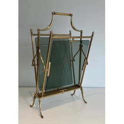 Porte-Revues en Laiton et Verres Bleutés de la Maison Jansen