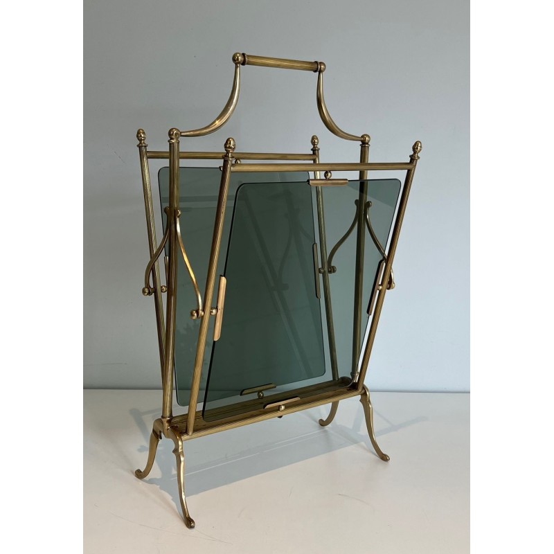 Porte-Revues Néoclassique Laiton et Verre Bleuté, Maison Jansen, v. 1940