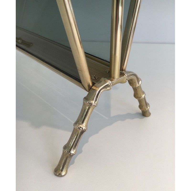 Paire Porte-Revues Faux-Bambou Bronze Verre Bleu, Maison Baguès, v. 1940