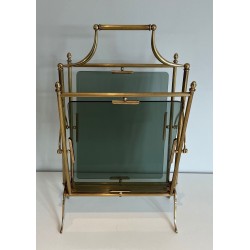 Porte-Revues Néoclassique Laiton et Verre Bleuté, Maison Jansen, v. 1940