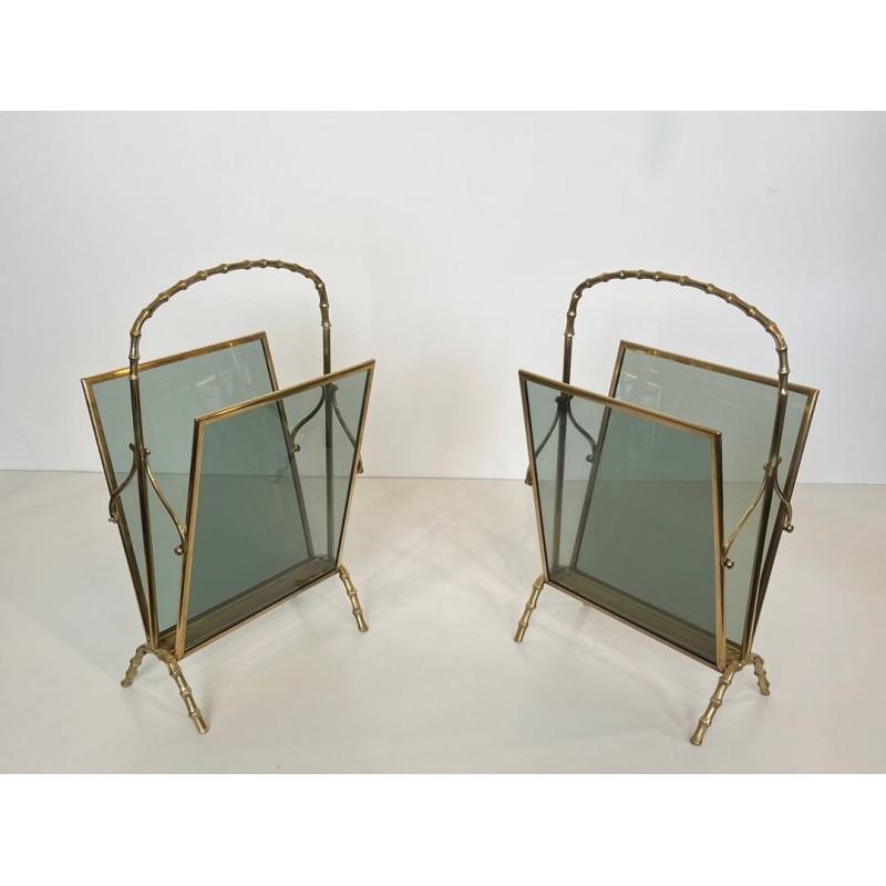 Paire Porte-Revues Faux-Bambou Bronze Verre Bleu, Maison Baguès, v. 1940