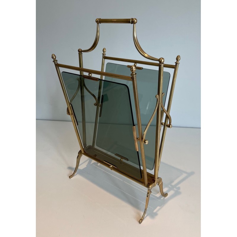 Porte-Revues Néoclassique Laiton et Verre Bleuté, Maison Jansen, v. 1940