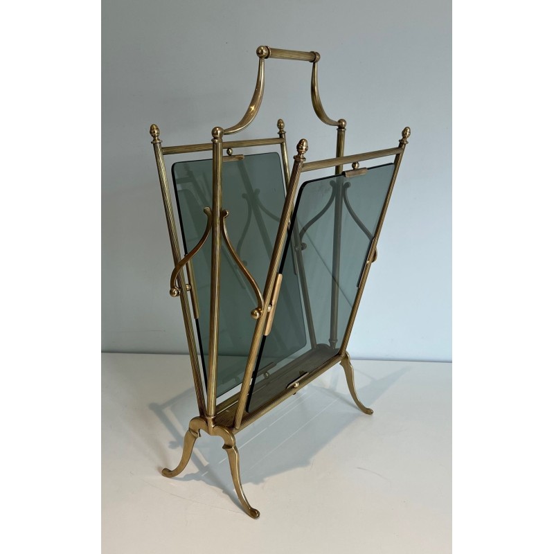 Porte-Revues Néoclassique Laiton et Verre Bleuté, Maison Jansen, v. 1940