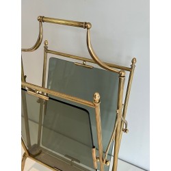 Neoclassical Magazine Rack, Brass & Blue Glass, Maison Jansen, c. 1940