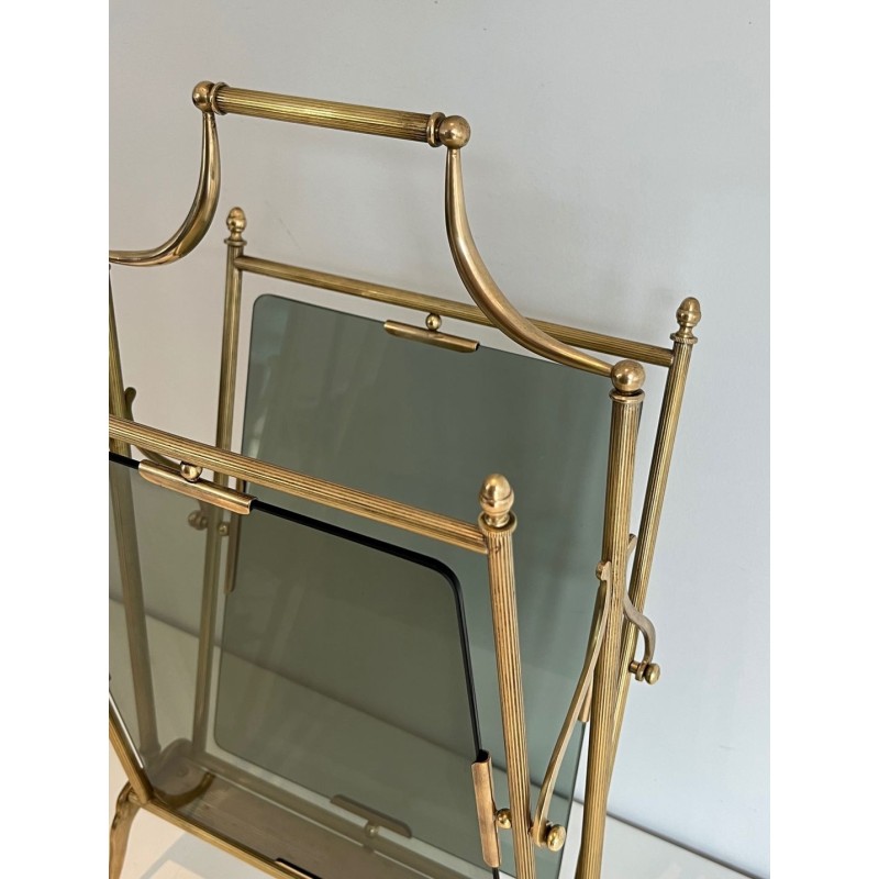 Porte-Revues Néoclassique Laiton et Verre Bleuté, Maison Jansen, v. 1940