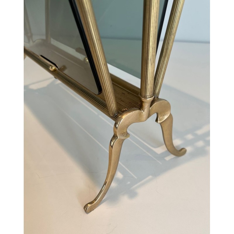 Neoclassical Magazine Rack, Brass & Blue Glass, Maison Jansen, c. 1940