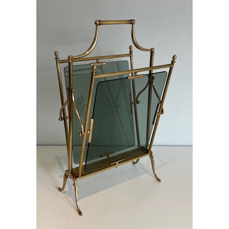 Porte-Revues Néoclassique Laiton et Verre Bleuté, Maison Jansen, v. 1940