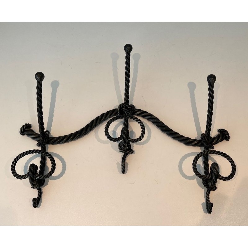 Twisted Wrought Iron Wall Coat Rack, French Ironwork, c. 1940