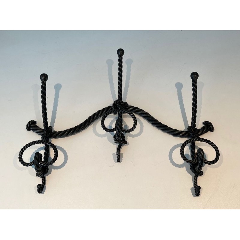 Twisted Wrought Iron Wall Coat Rack, French Ironwork, c. 1940
