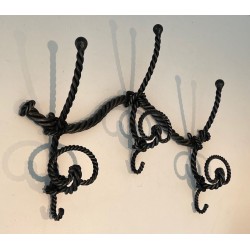 Twisted Wrought Iron Wall Coat Rack, French Ironwork, c. 1940