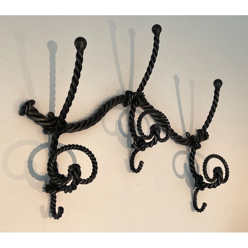 Twisted Wrought Iron Wall Coat Rack, French Ironwork, c. 1940