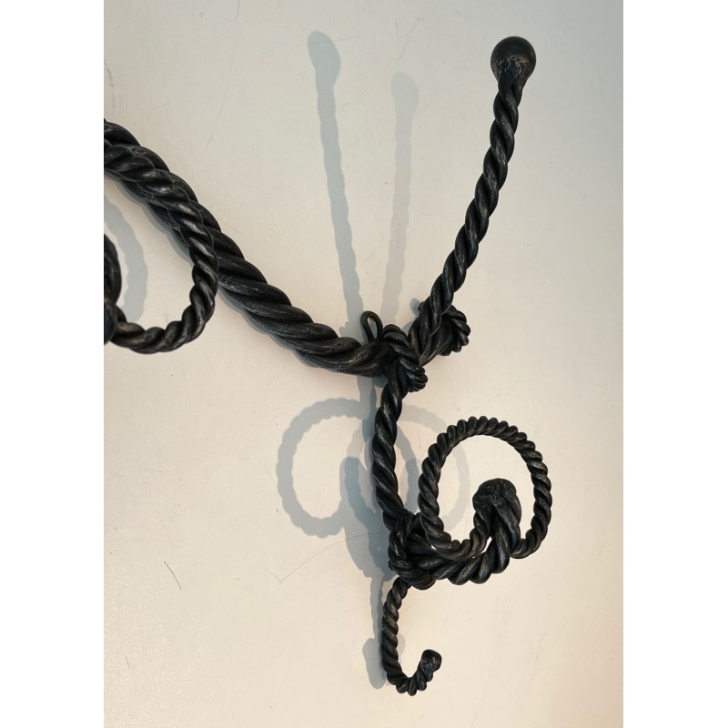 Twisted Wrought Iron Wall Coat Rack, French Ironwork, c. 1940