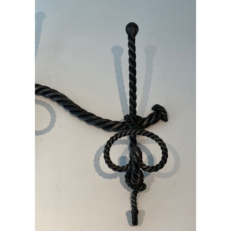 Twisted Wrought Iron Wall Coat Rack, French Ironwork, c. 1940