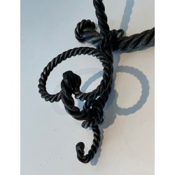 Twisted Wrought Iron Wall Coat Rack, French Ironwork, c. 1940