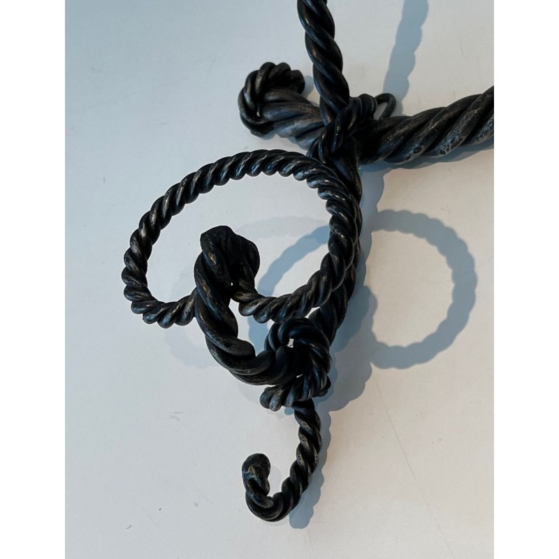 Twisted Wrought Iron Wall Coat Rack, French Ironwork, c. 1940