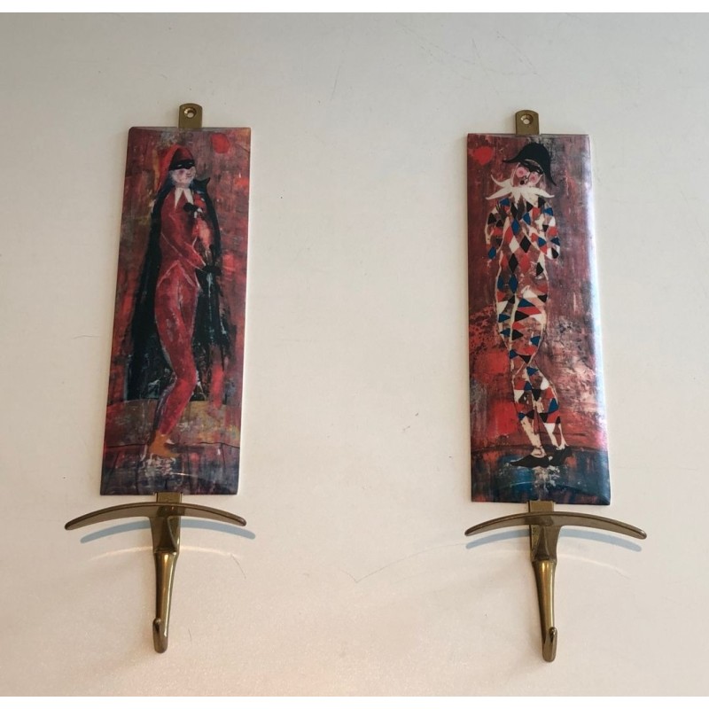 Pair of Commedia dell'Arte Coat Hooks, in the Taste of Fornasetti, c. 1970