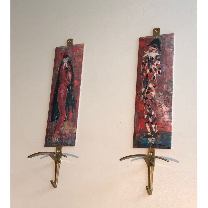 Pair of Commedia dell'Arte Coat Hooks, in the Taste of Fornasetti, c. 1970