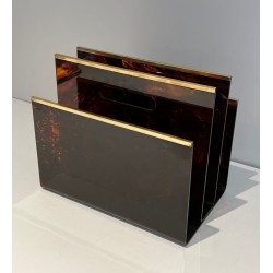 Porte-Revues Plexiglass Façon Écaille et Laiton, France, v. 1970