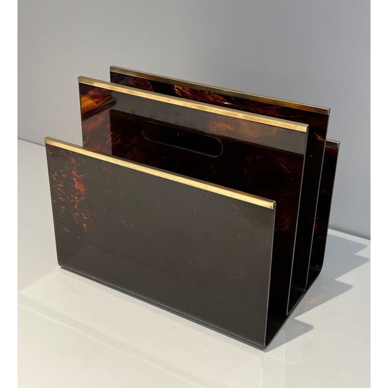 Porte-Revues Plexiglass Façon Écaille et Laiton, France, v. 1970