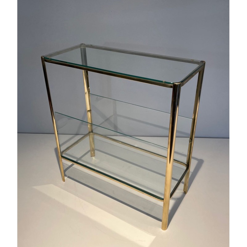 Polished Bronze & Glass Magazine Rack, Signed Lepelletier, Stamped Broncz, c. 1970