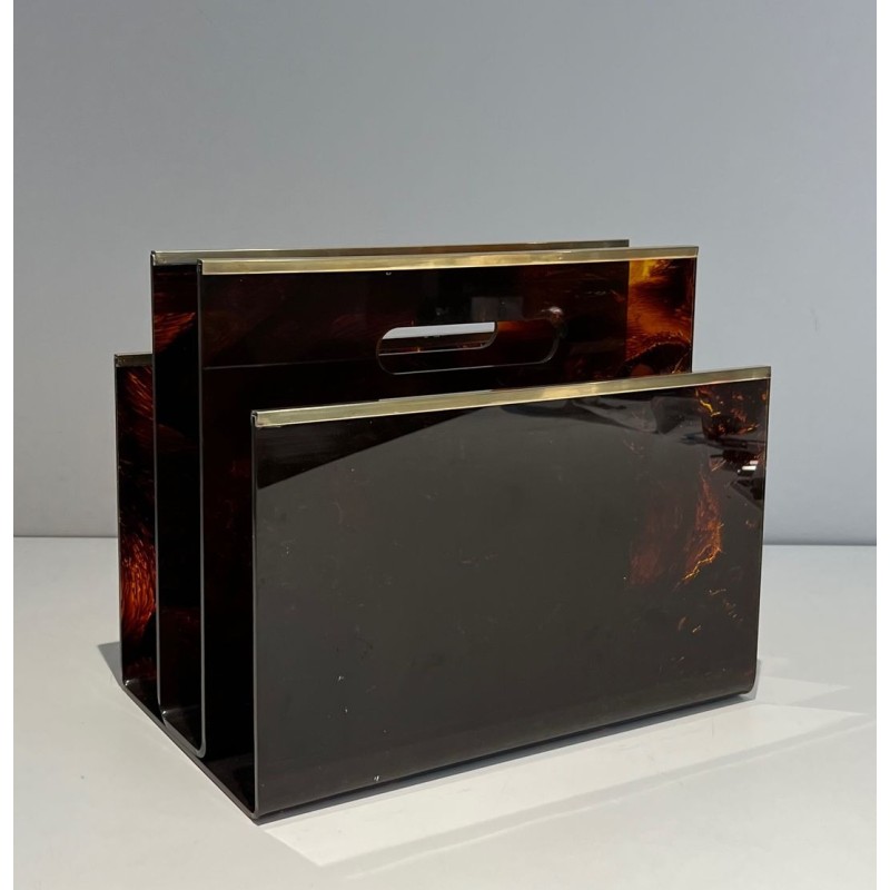 Faux Tortoiseshell Plexiglass & Brass Magazine Rack, French, c. 1970