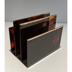 Faux Tortoiseshell Plexiglass & Brass Magazine Rack, French, c. 1970