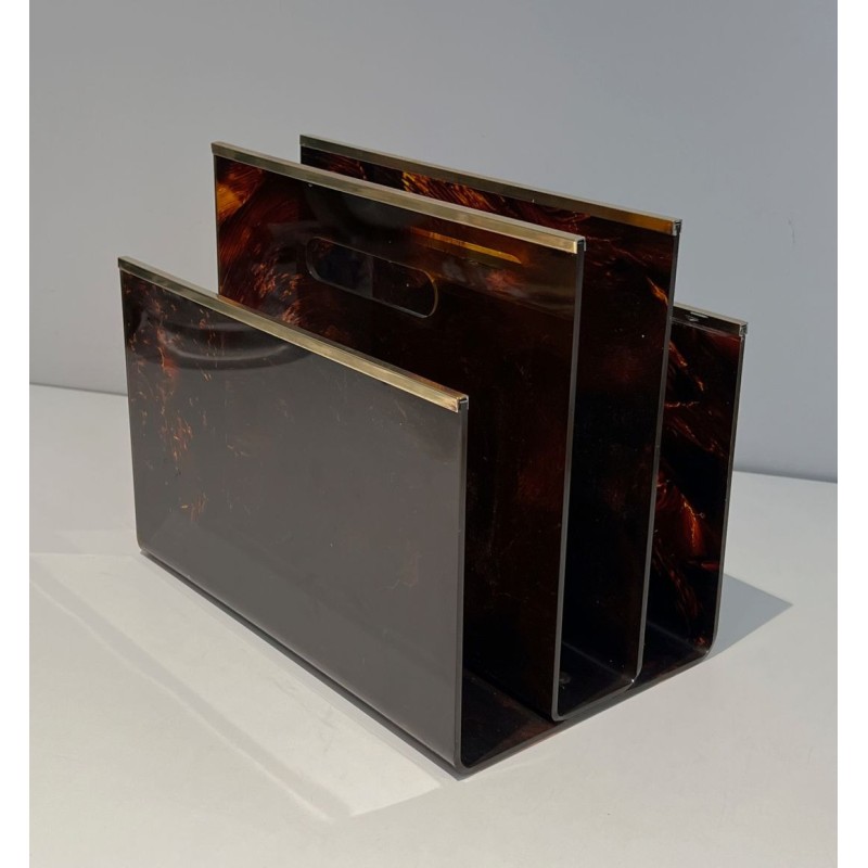 Porte-Revues Plexiglass Façon Écaille et Laiton, France, v. 1970