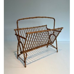 Faux-Bamboo Rattan Magazine Rack, French, c. 1950