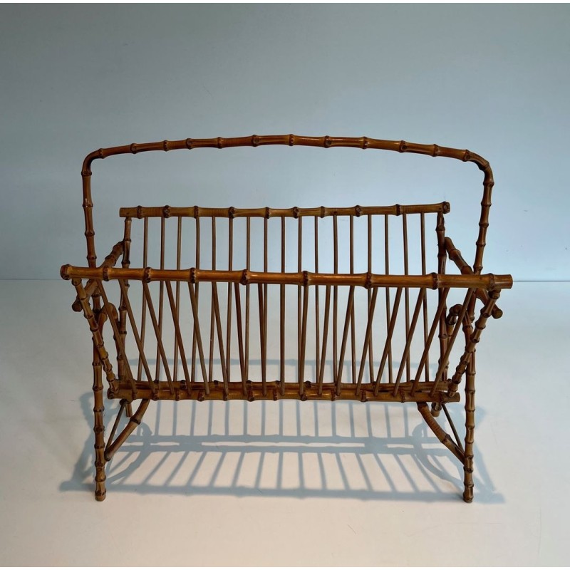 Faux-Bamboo Rattan Magazine Rack, French, c. 1950