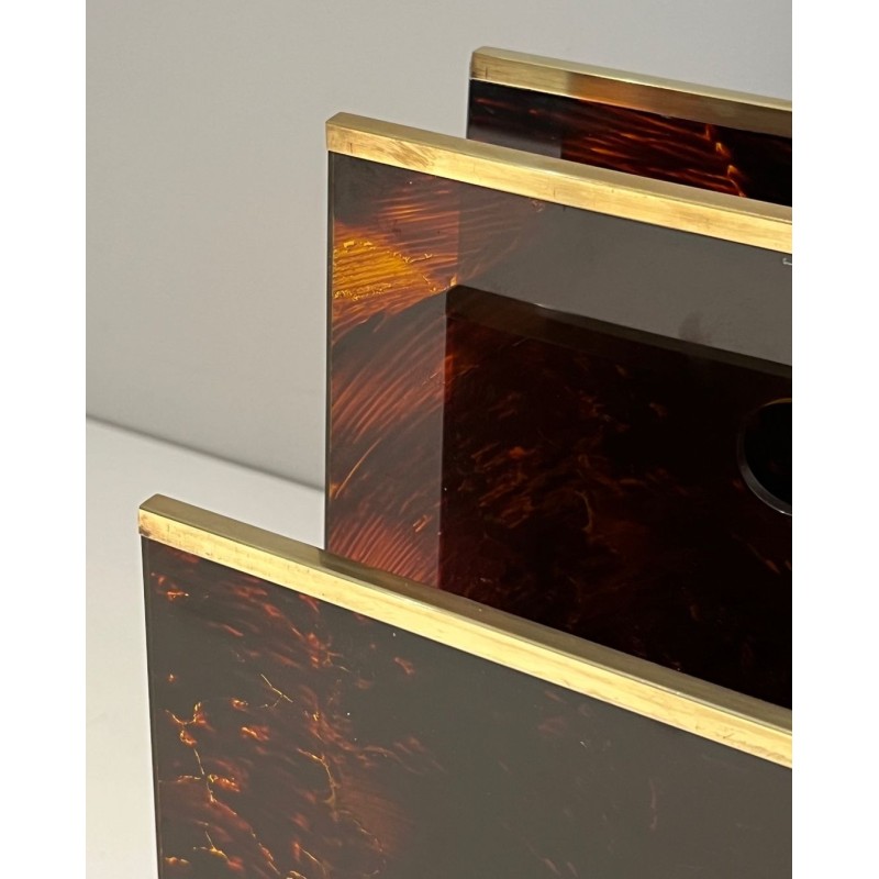 Faux Tortoiseshell Plexiglass & Brass Magazine Rack, French, c. 1970
