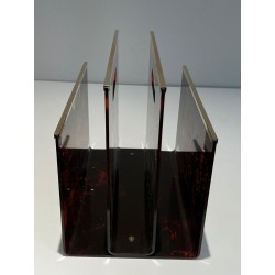 Faux Tortoiseshell Plexiglass & Brass Magazine Rack, French, c. 1970