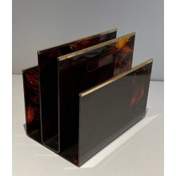 Faux Tortoiseshell Plexiglass & Brass Magazine Rack, French, c. 1970