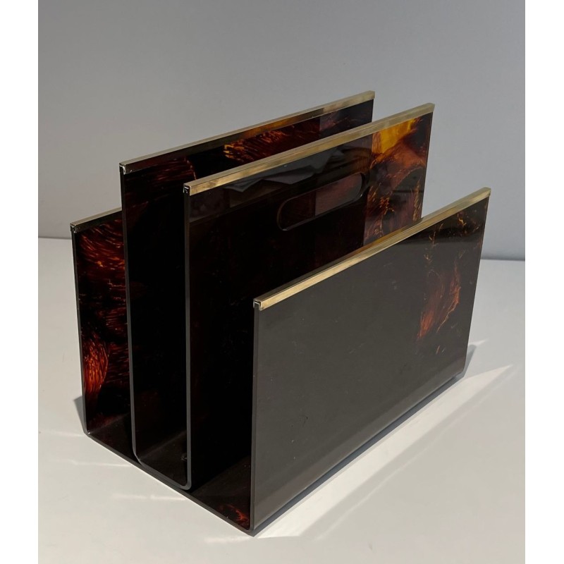 Porte-Revues Plexiglass Façon Écaille et Laiton, France, v. 1970
