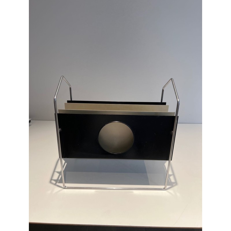 Porte-Revues Chrome et Métal Laqué Noir et Blanc, 1965 | Maison BARROIS