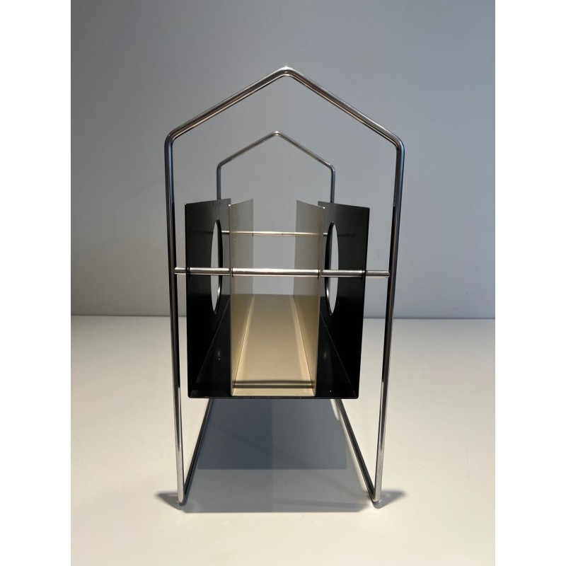 Porte-Revues Chrome et Métal Laqué Noir et Blanc, 1965 | Maison BARROIS