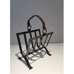 Steel & Leather Magazine Rack, Adnet Style, French, 1950 | Maison BARROIS