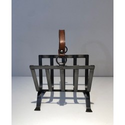 Steel & Leather Magazine Rack, Adnet Style, French, 1950 | Maison BARROIS