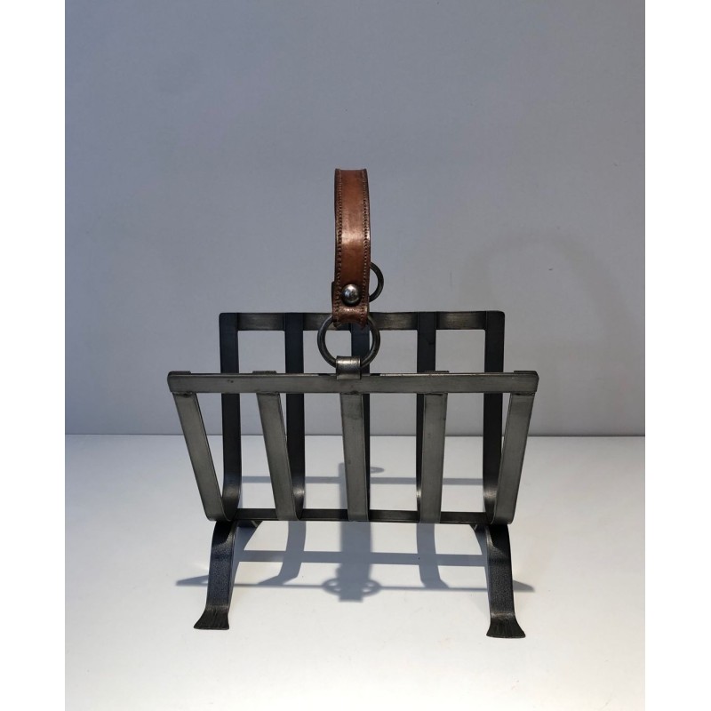 Steel & Leather Magazine Rack, Adnet Style, French, 1950 | Maison BARROIS