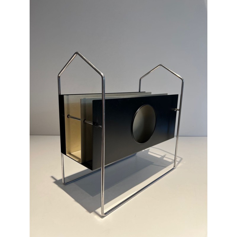 Porte-Revues Chrome et Métal Laqué Noir et Blanc, 1965 | Maison BARROIS
