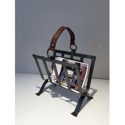 Steel & Leather Magazine Rack, Adnet Style, French, 1950 | Maison BARROIS