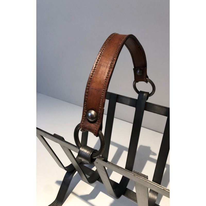 Steel & Leather Magazine Rack, Adnet Style, French, 1950 | Maison BARROIS