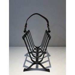 Steel & Leather Magazine Rack, Adnet Style, French, 1950 | Maison BARROIS