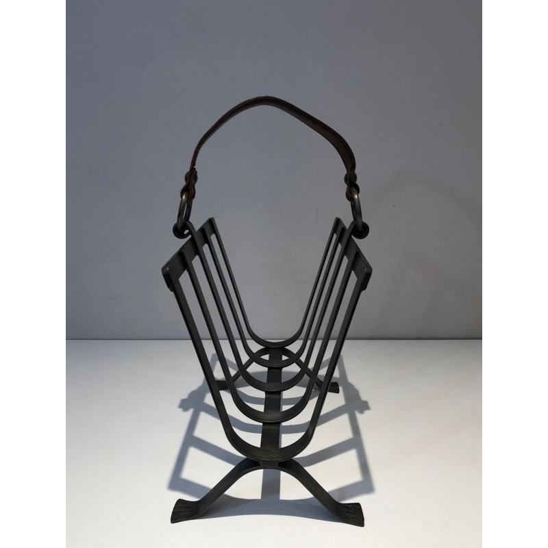 Steel & Leather Magazine Rack, Adnet Style, French, 1950 | Maison BARROIS