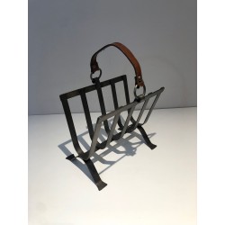 Steel & Leather Magazine Rack, Adnet Style, French, 1950 | Maison BARROIS