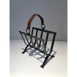 Steel & Leather Magazine Rack, Adnet Style, French, 1950 | Maison BARROIS