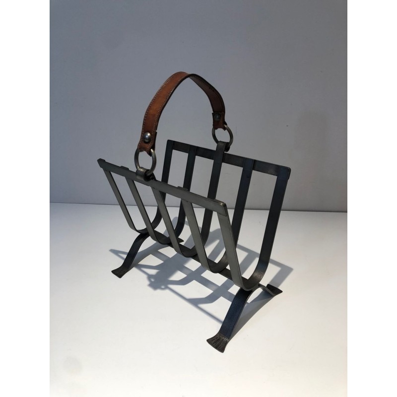 Steel & Leather Magazine Rack, Adnet Style, French, 1950 | Maison BARROIS
